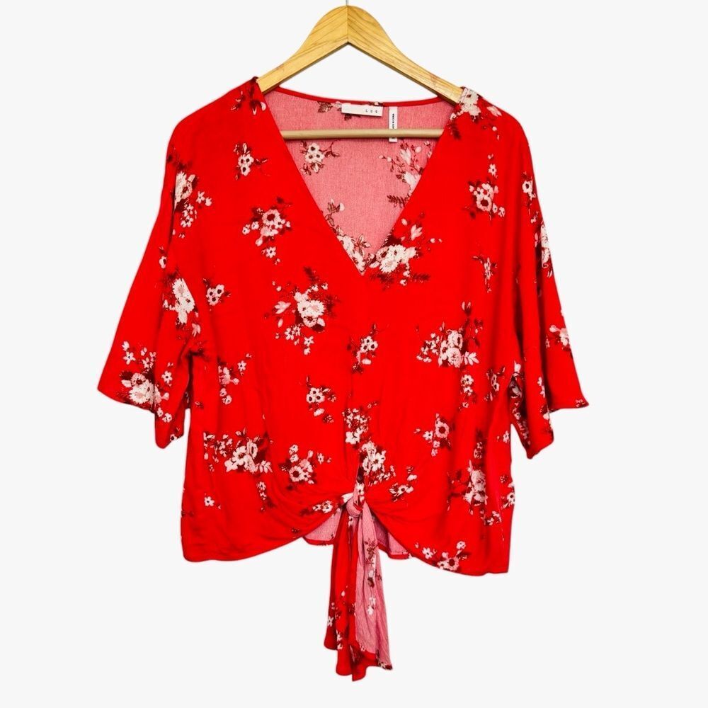 LUQ Women Red Front Knot Short Sleeve Blouse Floral V-Neck Size M Feminine